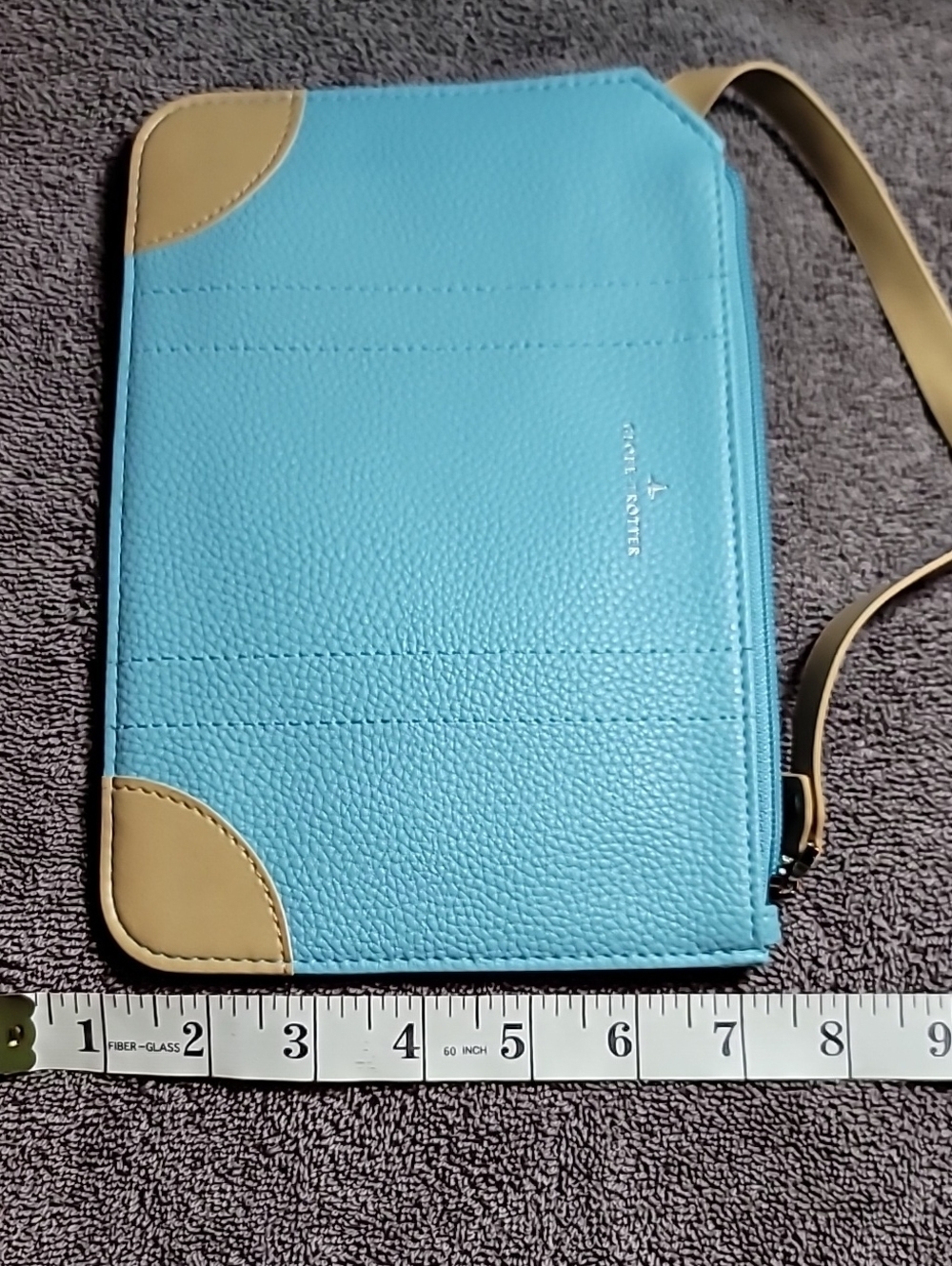 Light Blue Leather Wristlet Clutch with Tan Accents - Picture 3 of 6